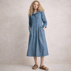 THE GREAT. Denim Midi Dress Button Front Long Sleeve Sz 4